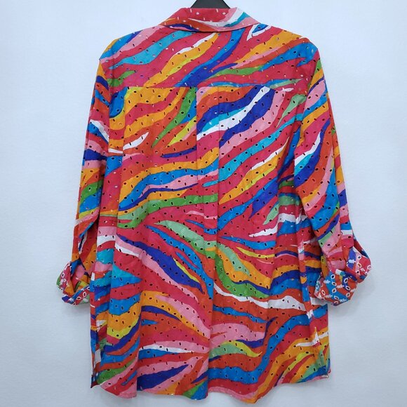 John Mark Eyelet Embroidered Watercolor Roll-Tab Sleeve Button Front Top Large - Picture 8 of 14